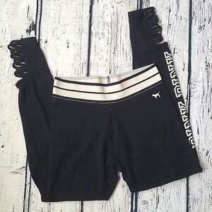 2016 Victoria's Secret PINK Black Logo Spellout Open Criss-cross Ankle Leggings